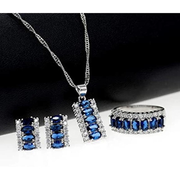 Sapphire Crystal Necklace Earring Ring Set CZ Cubic Rhinestone Necklace Ring Ear - Picture 2 of 7
